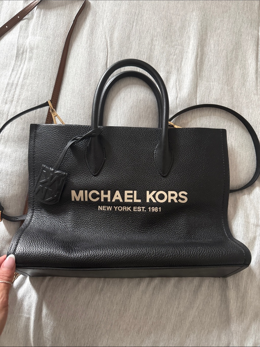 Michael Kors Black Pebbled Leather Logo Tote with Gold Lettering
